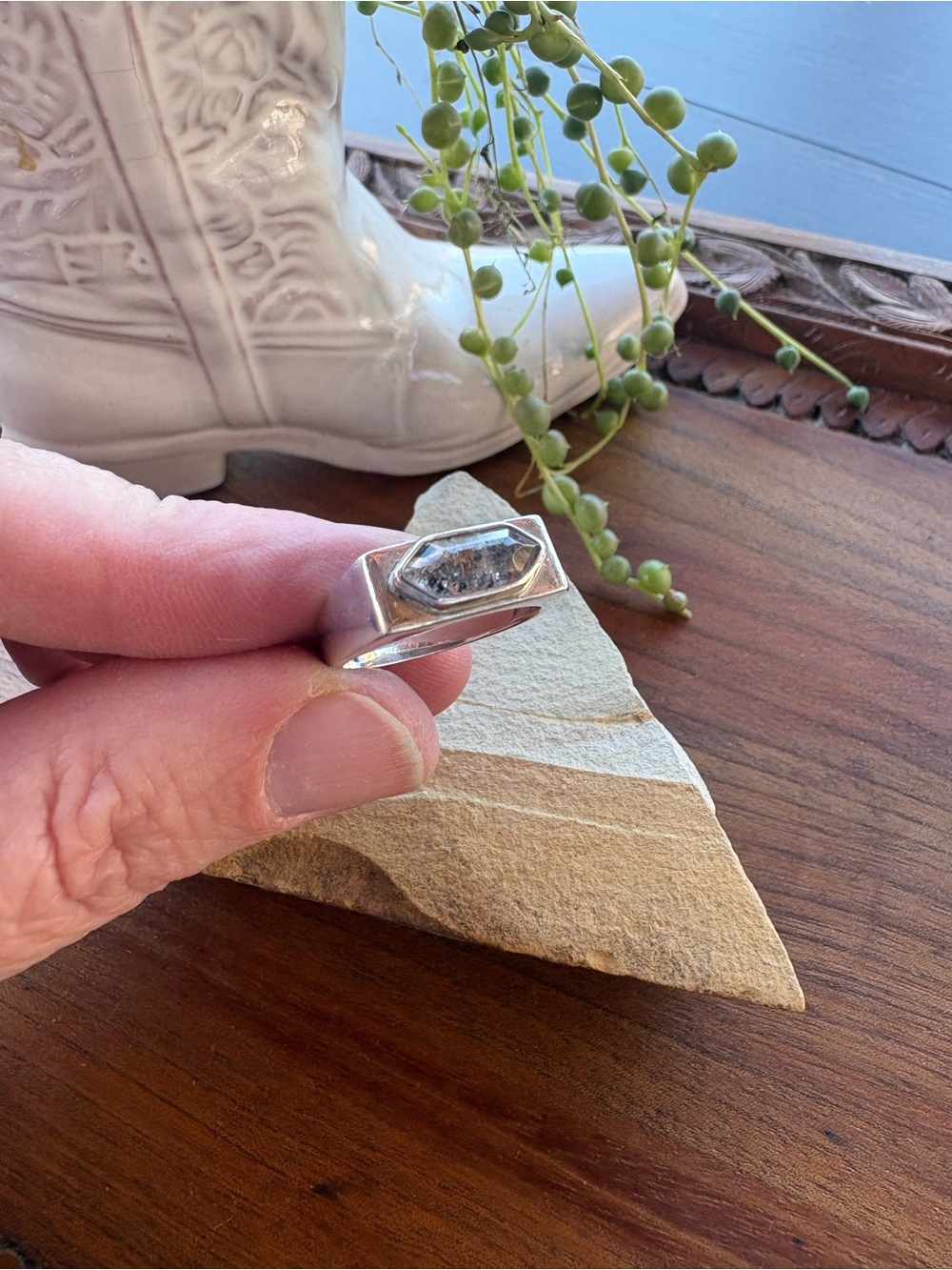Stone & Solder Sterling Silver Herkimer Diamond Hexagon Signet Ring 6